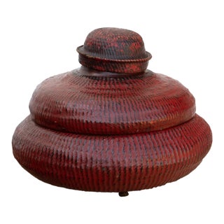 Burmese 3-Tier Red Lacquered Woven Basket For Sale