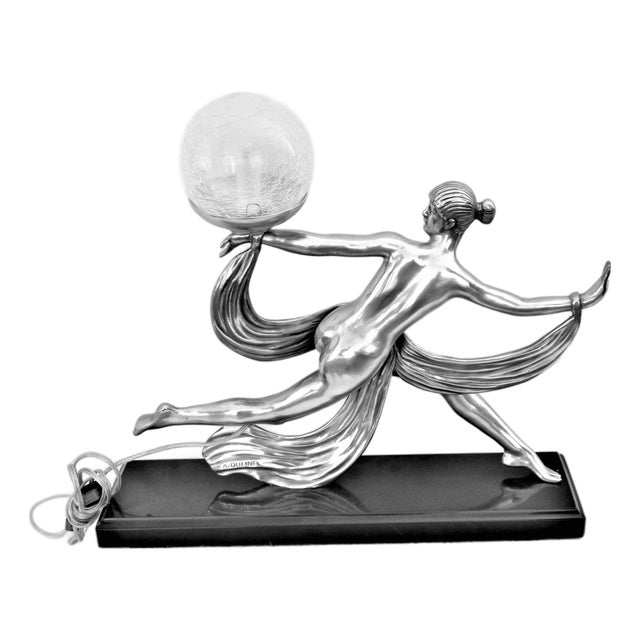 1990s Art Deco Nude Lamp/after A.Ouline Silvered Bronze For Sale