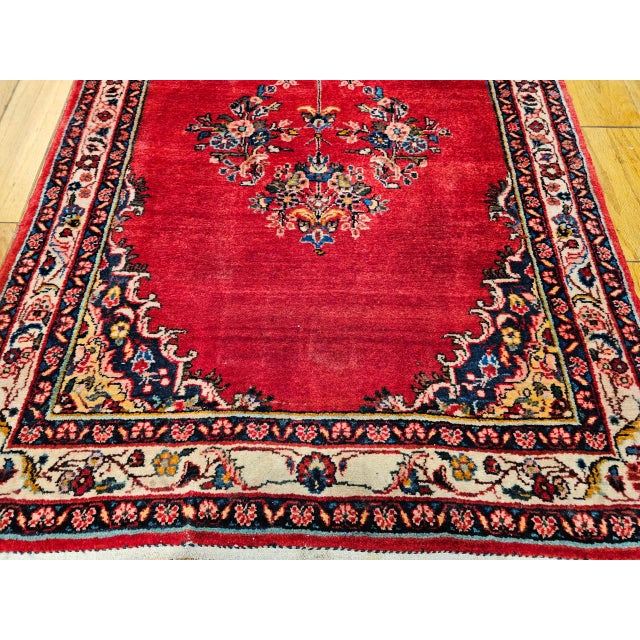 Vintage Persian Hamadan Wide Runner, Hand-Knotted Wool, Open Field Geometric Pattern, Red & Ivory. 4x10 For Sale - Image 15 of 18