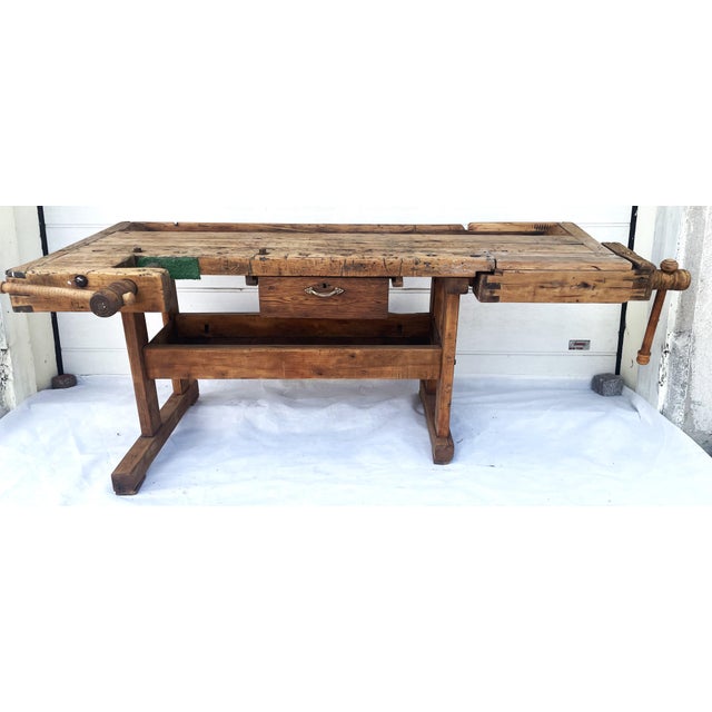 An old carpenter's table with drawer and tray shelf, 1900s. It was used for planing, furniture making, window making, etc....
