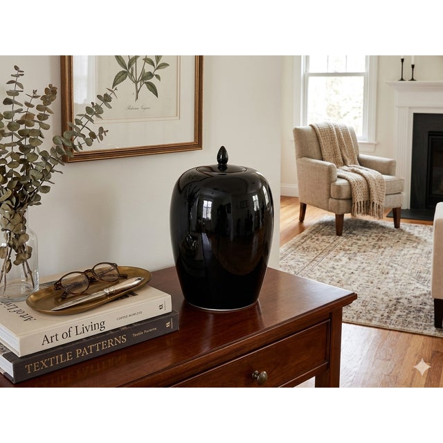 Ceramic Black Monochrome Minimalistic Ovoid Round Teardrop Finial Lid Ceramic Jar For Sale - Image 7 of 7
