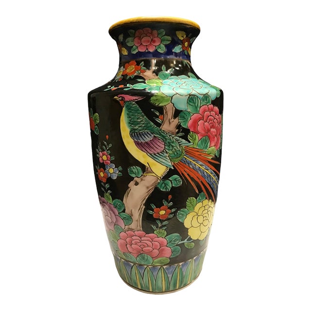 Vintage Large Chinoiserie Asian Vase Famille Bird Flower Butterfly For Sale
