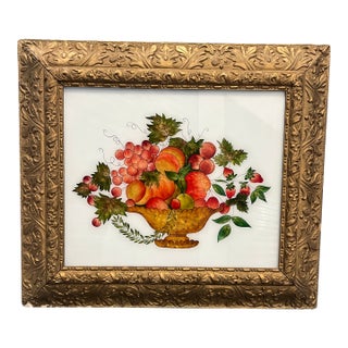 Antique Reverse Painted Foil Still Life Fruit Basket Painting in Antique Gilded Frame For Sale