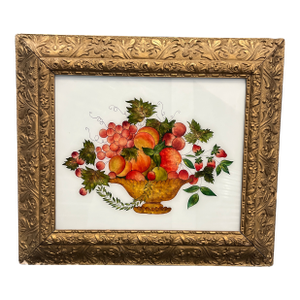Antique Reverse Painted Foil Still Life Fruit Basket Painting in Antique Gilded Frame