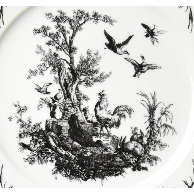 French Provincial Black & White Toile Rooster Pattern Plates Set of 8 For Sale - Image 3 of 3
