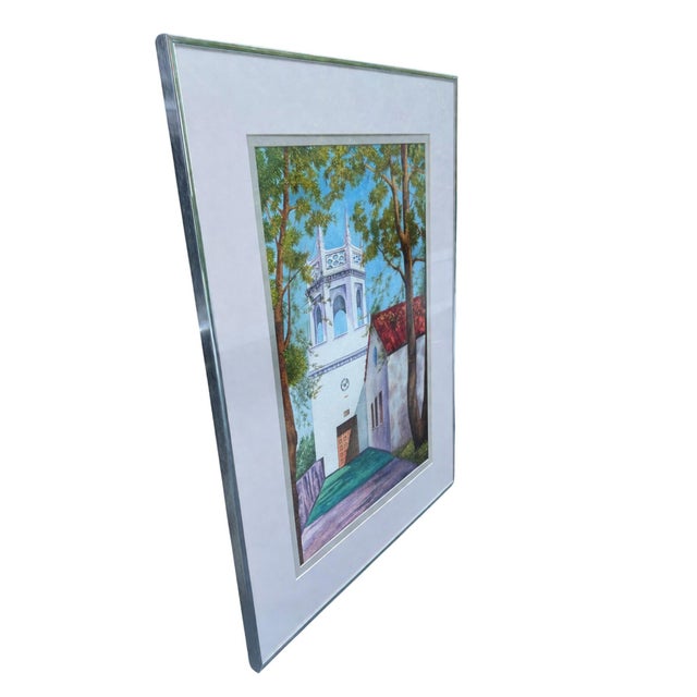 "Malaga Cove School", by Florence Strauss, depicts a sunlit Mediterranean-style school courtyard, framed by tall trees and...