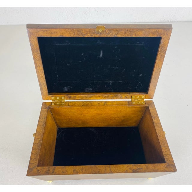 This is a vintage burled walnut dresser box in the manner of Maitland Smith. This light burled walnut is trimmed in faux...