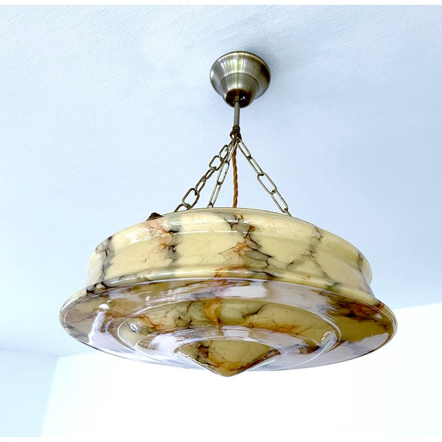 Metal Art Deco Pendant Light in Amber Marble Glass, 1930s For Sale - Image 7 of 18