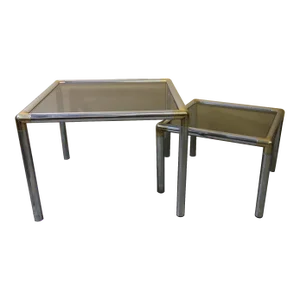 1970s Chrome and Smoked Glass Coffee Table and Side Table Attributed to Milo Baughman