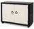 A pair of sophisticated two-door cabinets featuring ivory paneled fronts, a polished black frame, and antique brass ring...