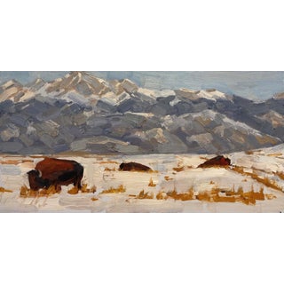 Cold and Tired by Clyde Steadman | Oil Painting of bison in a snowy landscape with mountains For Sale