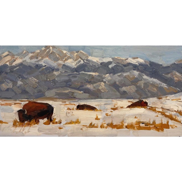 Cold and Tired by Clyde Steadman | Oil Painting of bison in a snowy landscape with mountains For Sale