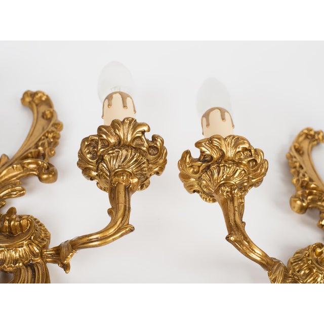 1950s 1950s Spanish Rococo Gilt Brass 2-Light Wall Sconces - A Symmetrical Pair For Sale - Image 5 of 9