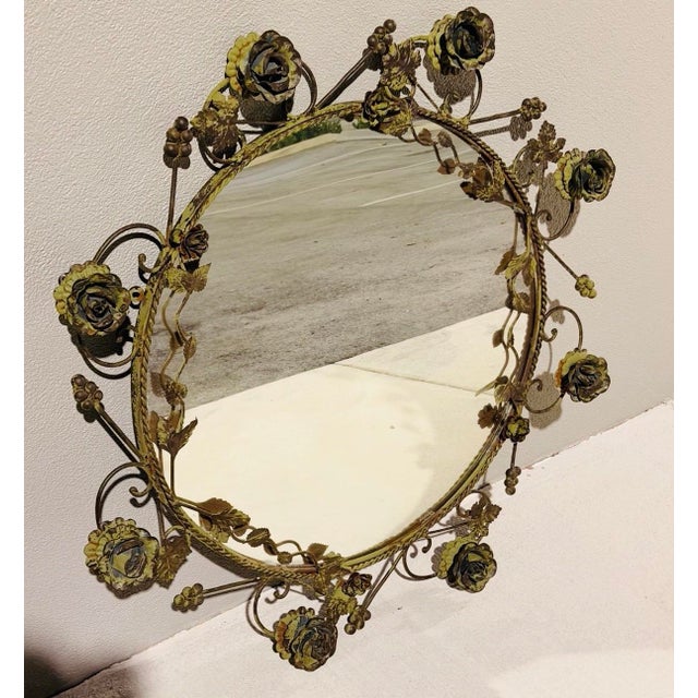 Vintage Italian Tole Mirror With Verdigris Finish Roses on Vine For Sale - Image 9 of 9