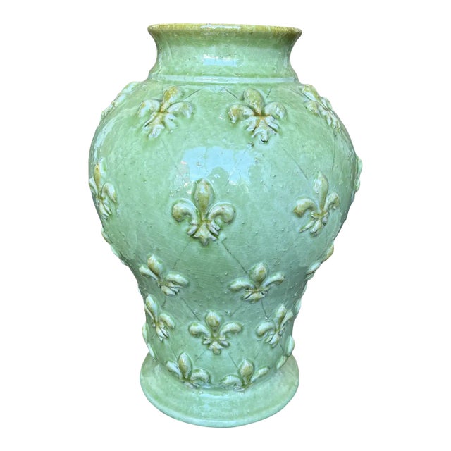 1990s Italian Hand-Painted Green Ceramic Vase For Sale
