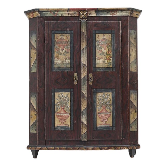 Rustic Farmhouse Folk Art Painted Bridal Cabinet 1844 For Sale