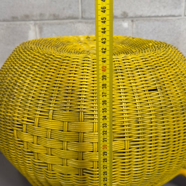20th Century Modernist Round Wicker Rattan Pouf in Yellow For Sale - Image 8 of 9