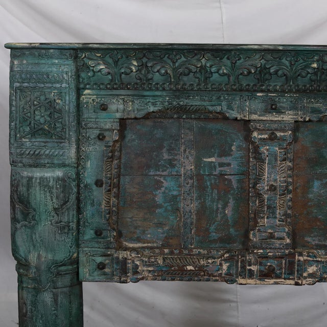 Indian Complete King Size Bed Constructed From an Antique Painted Teakwood Gujarati Door and Pillars For Sale - Image 3 of 10