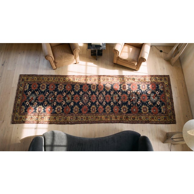 Textile 1870s Blue Navy Floral Antique Persian Kurdish Rug 3'4" X 15'9" Handknotted Wool Carpet For Sale - Image 7 of 9