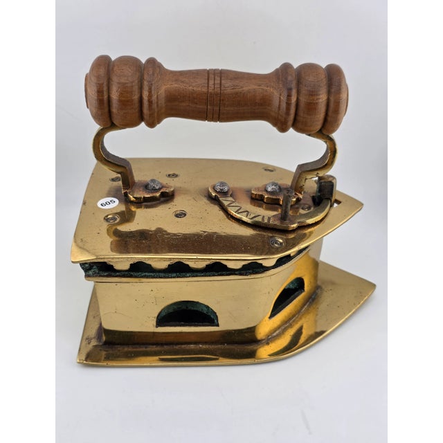 Antique C1850 Middle East Handmade Brass Charcoal Big Press Iron W Wooden Handle For Sale In Houston - Image 6 of 15