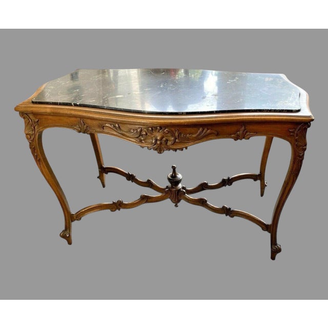 Antique Victorian Carved Walnut Marble Top Parlor Table Stand Antique French Louis XV style walnut center table with...