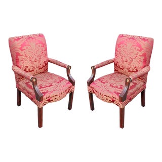 Antique Dining Chairs with Silk Damask Upholstery - Set of 2 For Sale