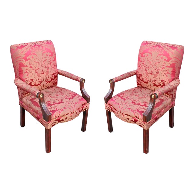 Antique Dining Chairs with Silk Damask Upholstery - Set of 2 For Sale
