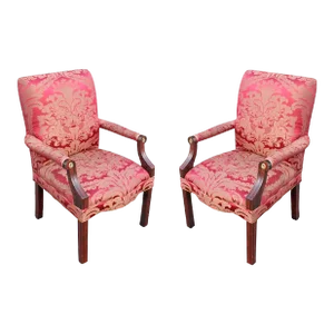 Antique Dining Chairs with Silk Damask Upholstery - Set of 2