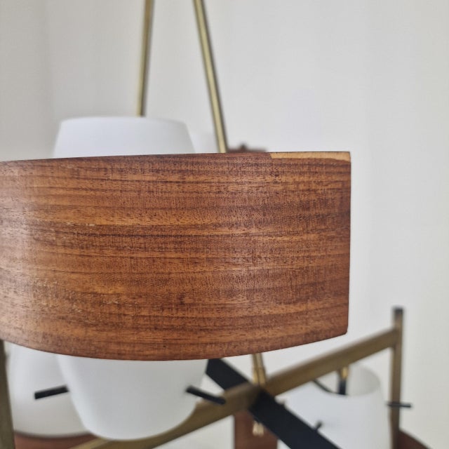 Mid-Century Italian Brass, Teak and Opaline Glass Chandelier attributed to Stilnovo, 1960s For Sale - Image 13 of 14
