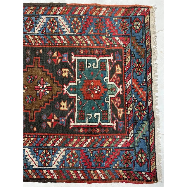 Antique Northwest Runner in Smokey Blackish-Blue Ground with Teals, Blues, Greens 3 x 13.10 For Sale - Image 9 of 13
