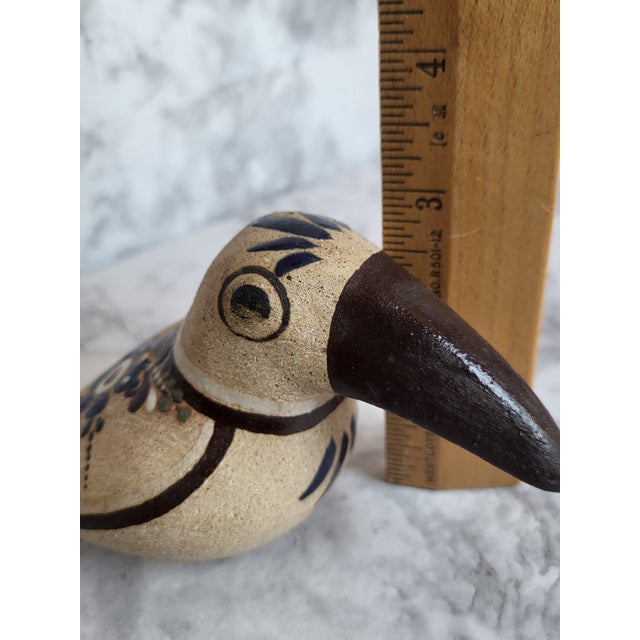 1990s Handcrafted Stoneware Bird Figurine With Brown Beak and Floral Details 4" Long Tonala Mexico For Sale - Image 11 of 12