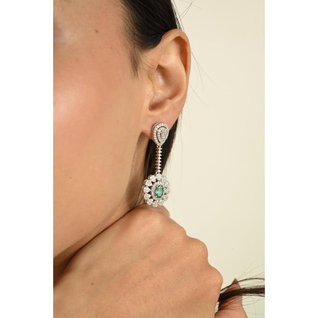 Metal 14k White Gold Cluster Diamond Emerald Floral Earrings- A Pair For Sale - Image 7 of 11