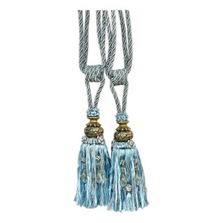 Pair Vintage French Passementerie Tassel Drapery Tiebacks Ice Blue With Gold For Sale