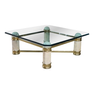 Vintage Italian Regency Travertine Stone Brass & Glass Coffee Cocktail Table 44" For Sale