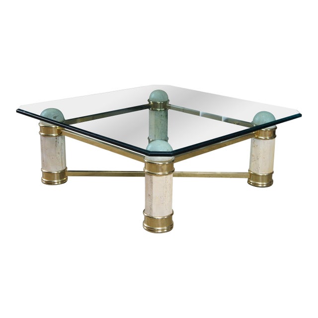 Vintage Italian Regency Travertine Stone Brass & Glass Coffee Cocktail Table 44" For Sale