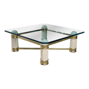 Vintage Italian Regency Travertine Stone Brass & Glass Coffee Cocktail Table 44"
