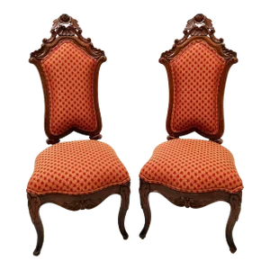 19th Century Walnut Victorian Hand-Carved Chairs - a Pair