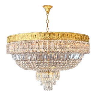 1930s Low Plafonnier Crystal Chandelier Brass Lustre Ceiling Art Deco Gold For Sale