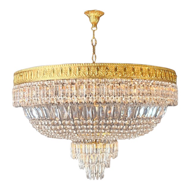 1930s Low Plafonnier Crystal Chandelier Brass Lustre Ceiling Art Deco Gold For Sale