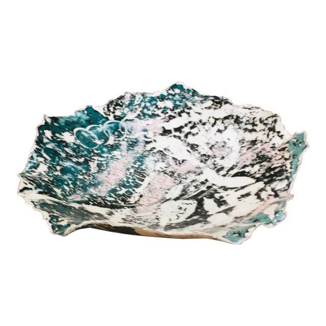 Vintage Handmade Splattered Teal/Pink/Black Dish For Sale