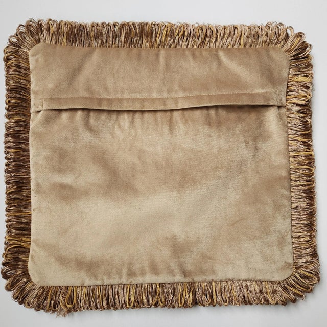 Indian Chinoiserie Velvet Pillow With Fringe - Garden Fantasy in Tan With Tan Backing For Sale In New York - Image 6 of 7