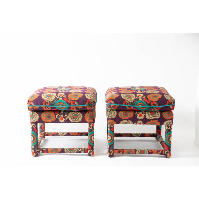Pair of restored 1970s Milo Baughman stretcher-base stools, newly upholstered in Etro’s “Fergana Viola” Italian paisley...