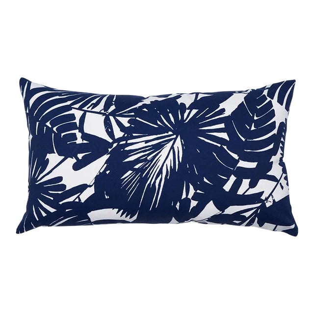 Schumacher x Trina Turk Palisades Palm Print Indoor/Outdoor Pillow 20" x 12" in Indigo For Sale