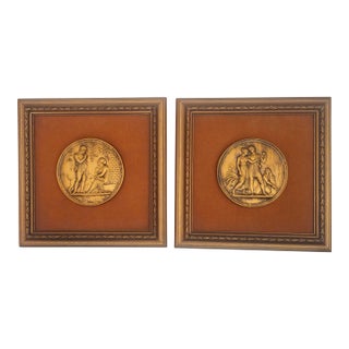 1970s Framed Greco-Roman Gilt Chalkware Medallion Art, a Pair For Sale