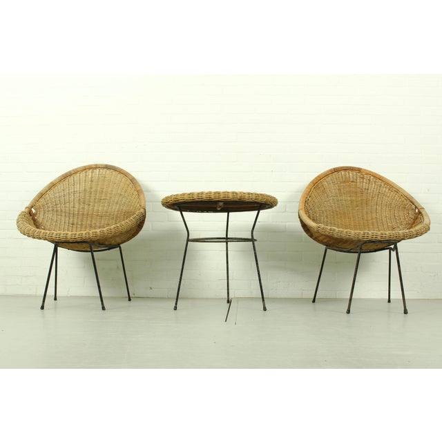 Vintage Italian Rattan Basket Chairs and Bistro Table Set, 1960s, Set of 3 For Sale - Image 6 of 18