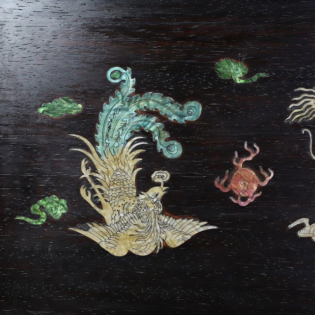 Black Vintage Chinese Rosewood Tea Tray | Mother-of-Pearl Inlaid Dragon & Phoenix Motif For Sale - Image 8 of 9
