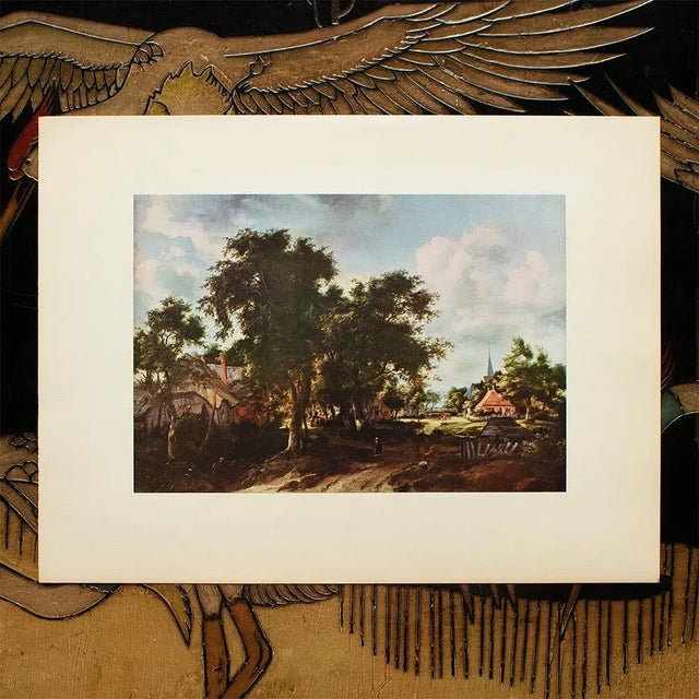 Farmhouse 1954 After Meindert Hobbema "Entrance to a Village", Vintage Full-Color Print For Sale - Image 3 of 8