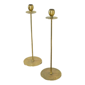 Robert Jarvie Style Antique Arts & Crafts Turned Brass Tall Candlesticks, Pair