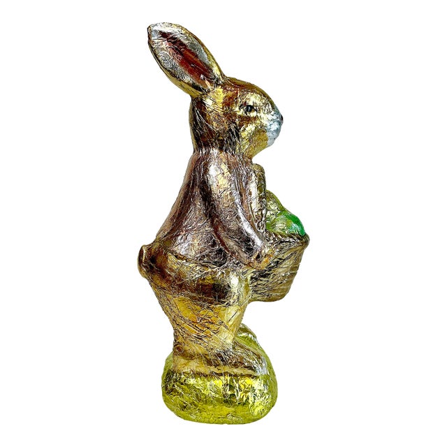 1990s Vintage Shabby Chic Foil Covered Plaster Faux Chocolate Bunny Figurine For Sale