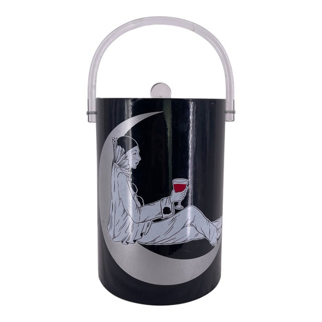 Vintage Mid-Century Modern Ice Bucket With "Lady on the Moon" Mime Art Design For Sale